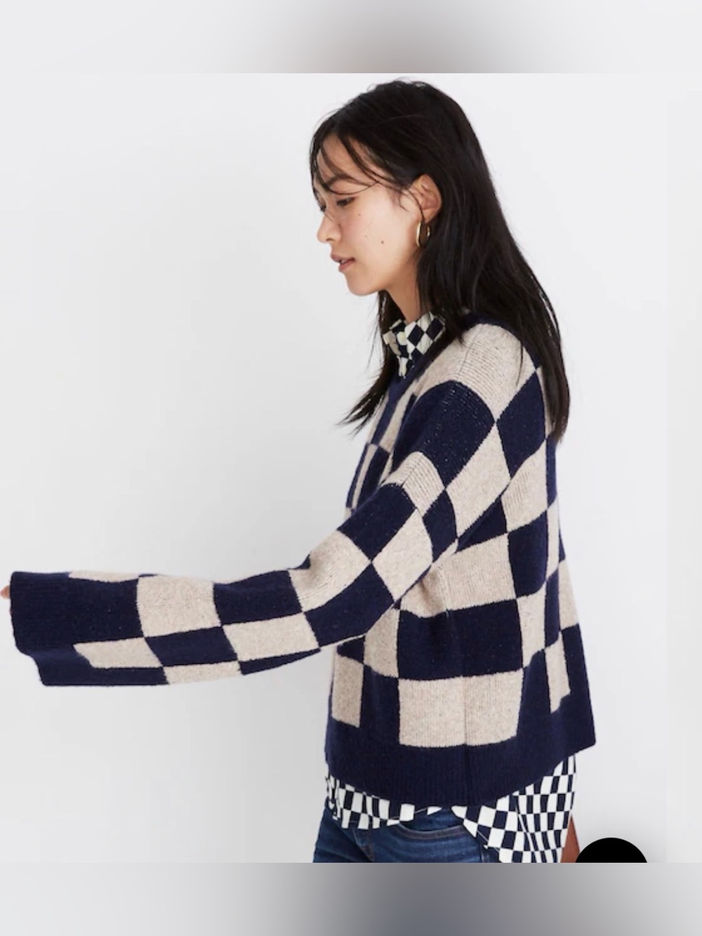 Madewell Cardiff Checkerboard Crewneck Sweater Navy/Tan Size Small - Picture 2 of 10